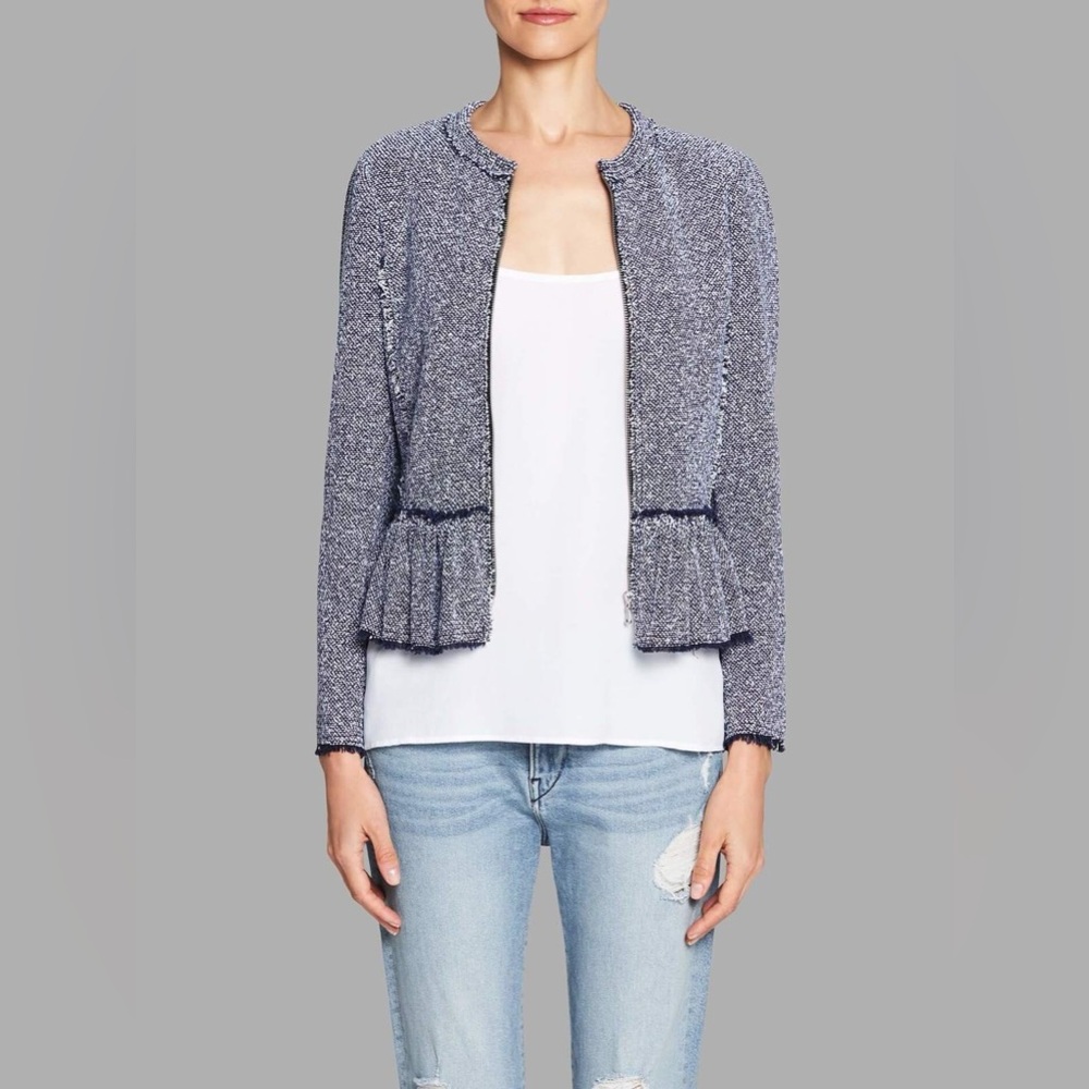 Rebecca Taylor Women’s Stretch Tweed Peplum Jacket Indigo Blue Size 0 Raw Edges